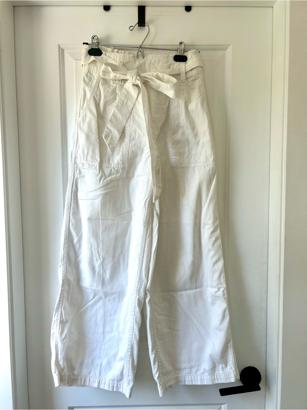 American Eagle Cotton Wide-Leg Paperbag Waist Pants - White